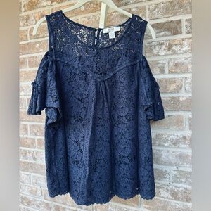 Vintage America Navy Blue Cold Shoulder Lace Blouse, L